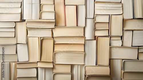 An overhead shot captures a collection of stacked hardcover books in various beige and cream shades, illuminated by soft natural light in a clean and minimalistic layout.