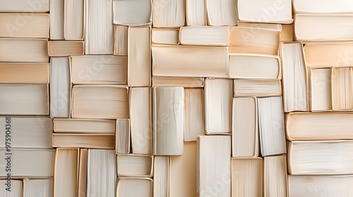 An overhead shot captures a collection of stacked hardcover books in various beige and cream shades, illuminated by soft natural light in a clean and minimalistic layout.