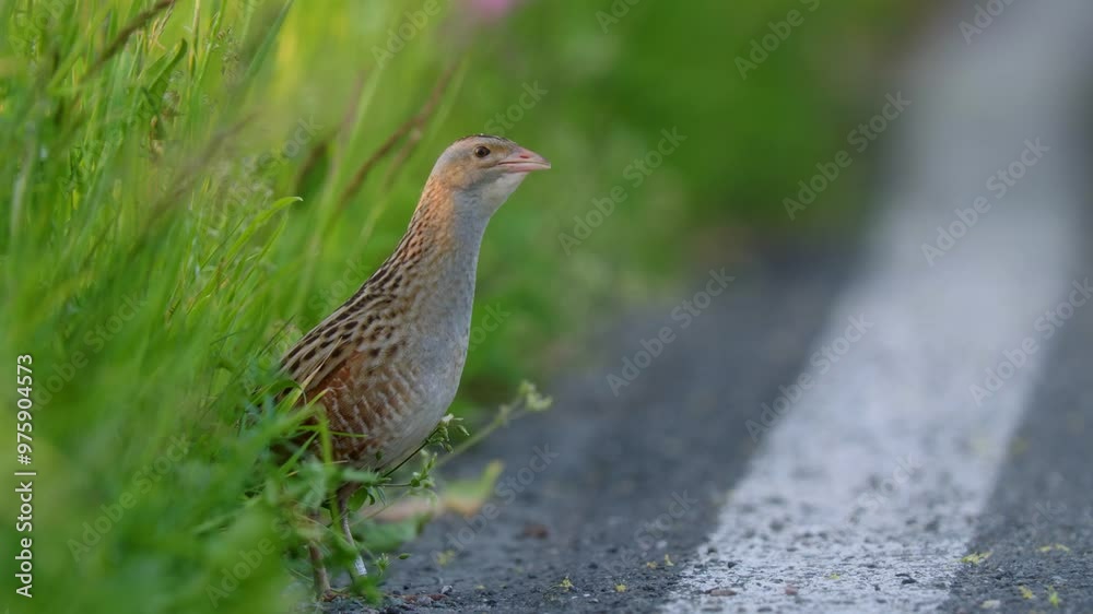 Corncrake (Crex crex) mating call, bird calling on the road Corncrake (Crex crex) mating call, bird calling on the road