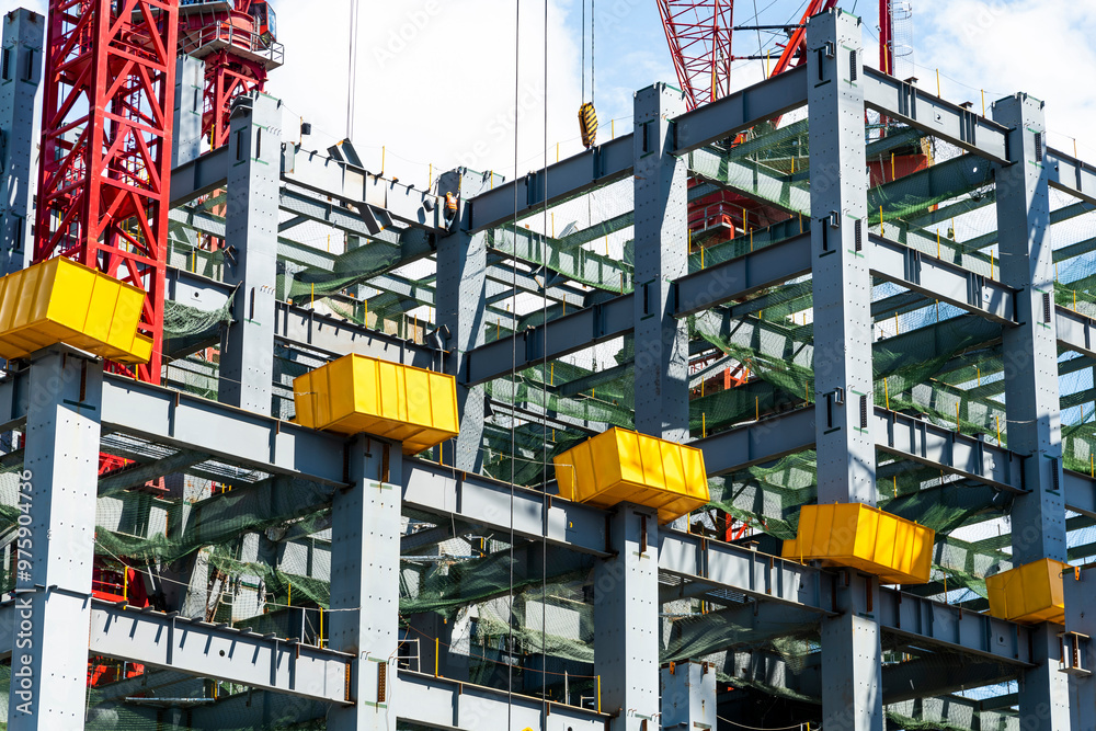 Close-up of steel structures for building construction.