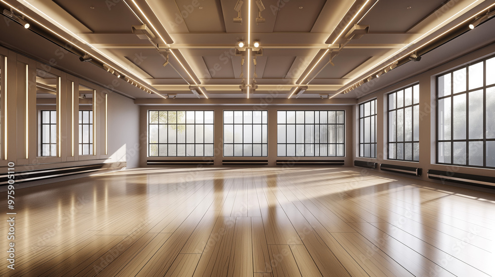 Ballet studio features expansive wooden floors and large windows that let in natural light, creating a warm, inviting atmosphere for dancers Ballet studio features expansive wooden floors and large windows that let in natural light, creating a warm, inviting atmosphere for dancers