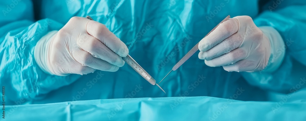 Detailed image of a tonsillectomy, surgeon s hands holding scalpel and forceps, Medicine, Tonsils Surgeon Detailed image of a tonsillectomy, surgeon s hands holding scalpel and forceps, Medicine, Tonsils Surgeon