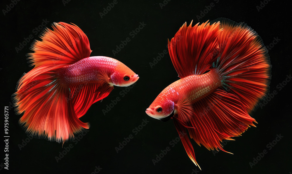 Beautiful movement of red betta fish, Two Fancy Halfmoon Betta, The moving moment beautiful of Siamese Fighting fish, Betta splendens, Rhythmic of Betta fish isolated on black background Beautiful movement of red betta fish, Two Fancy Halfmoon Betta, The moving moment beautiful of Siamese Fighting fish, Betta splendens, Rhythmic of Betta fish isolated on black background