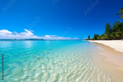 Tropical paradise beach with white sand and coco palms. Travel tourism wide panorama background concept