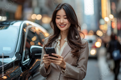 A smart Asian woman in her thirties is smiling while using her smartphone on busy city street. urban backdrop features blurred lights and cars, creating vibrant atmosphere