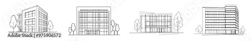 Multi-storey apartment buildings, office centers, and industrial buildings depicted in continuous line art style. Black linear sketch on white background. Modern illustration style. photo