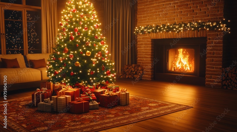 A festive scene featuring a beautifully lit Christmas tree with gifts underneath, surrounded by a cozy living room with a roaring fireplace. A festive scene featuring a beautifully lit Christmas tree with gifts underneath, surrounded by a cozy living room with a roaring fireplace.