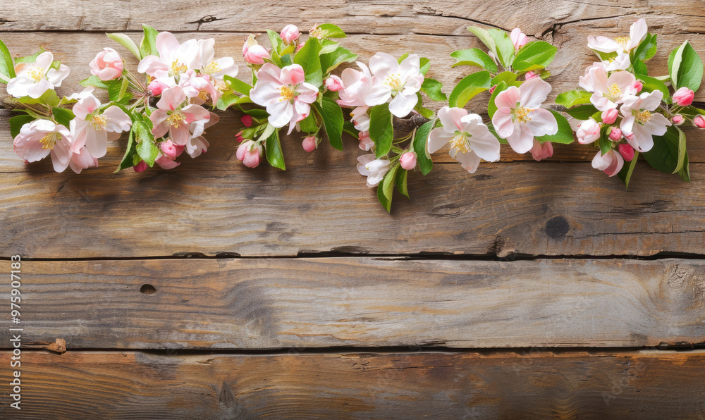 Spring apple blossoms flowering branch on wooden background,Copy space Spring apple blossoms flowering branch on wooden background,Copy space