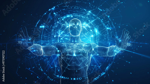 Human embraces an abstract icon resembling the Vitruvian figure, blending classical art with digital innovation , technology in futuristic setting