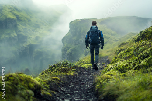 A person at start of hiking trail, ready to explore lush green landscape surrounded by misty mountains. atmosphere is serene and adventurous, inviting exploration