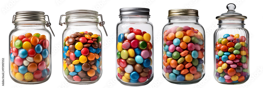 Row of glass jars filled with colorful candy, displayed in line against a white background, showcasing variety and sweetness. Row of glass jars filled with colorful candy, displayed in line against a white background, showcasing variety and sweetness.