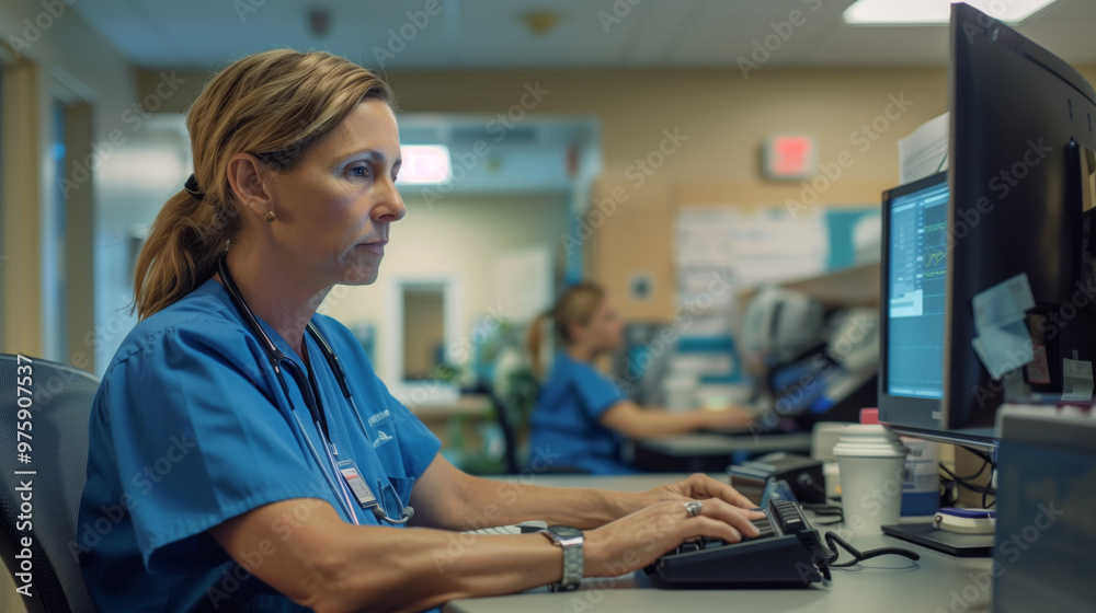Healthcare professional in blue scrubs focuses on computer. Busy hospital setting features another staff member working nearby, collaborative , teamwork. Nurse, medical work Healthcare professional in blue scrubs focuses on computer. Busy hospital setting features another staff member working nearby, collaborative , teamwork. Nurse, medical work