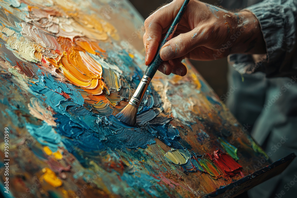 A hand skillfully painting vibrant canvas, showcasing blend of colors and textures that symbolize creativity and artistic expression. brush strokes reveal passionate approach to art A hand skillfully painting vibrant canvas, showcasing blend of colors and textures that symbolize creativity and artistic expression. brush strokes reveal passionate approach to art