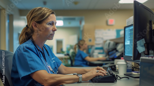 Healthcare professional in blue scrubs focuses on  computer. Busy hospital setting features another staff member working nearby, collaborative , teamwork. Nurse, medical work