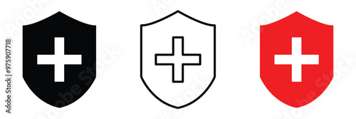 Health protection shield icon with medical cross and safety symbol outline in vector healthcare security design emblem for public preventive care insurance guard and wellness vector in eps 10.