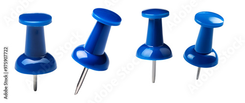 Four blue push pins isolated on a white background, commonly used for office tasks, pinning notes, and organizing documents.