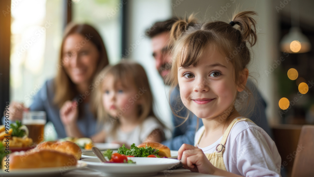 A young girl with a cheerful expression enjoys a healthy dinner with her family in a cozy, well-lit dining room, depicting happiness, family bonding, and the joy of shared meals. A young girl with a cheerful expression enjoys a healthy dinner with her family in a cozy, well-lit dining room, depicting happiness, family bonding, and the joy of shared meals.