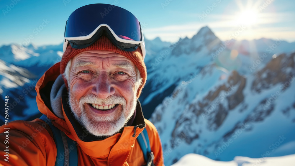 Dressed in bright winter gear, an alpinist is appreciating the clear sunny day surrounded by snowy mountain peaks. The bright blue sky and sunlight enhance the serene and majestic mountain landscape. Dressed in bright winter gear, an alpinist is appreciating the clear sunny day surrounded by snowy mountain peaks. The bright blue sky and sunlight enhance the serene and majestic mountain landscape.