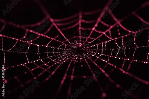 Closeup backdrop with  creepy white spider web.  Scary cobweb for celebration Halloween party. Spider web with glow drops of water.  For banner, poster, card. photo