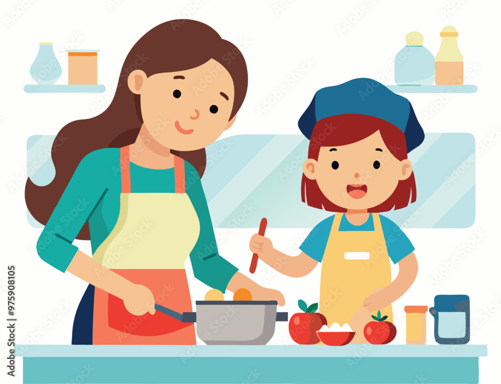 Mother and daughter cooking together in kitchen Mother and daughter cooking together in kitchen