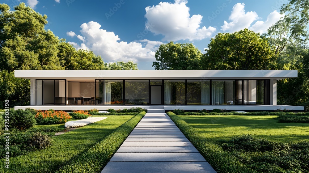 A minimalist white house with large windows and a sloped roof sits on a lush lawn, surrounded by trees and blue skies, emphasizing modern architectural design. A minimalist white house with large windows and a sloped roof sits on a lush lawn, surrounded by trees and blue skies, emphasizing modern architectural design.