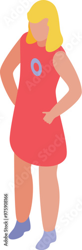 Young woman with blonde hair wearing red dress with o blood type pin is standing with hands on hips
