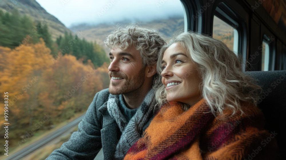 Fototapeta premium An older couple on a train journey through a scenic autumn landscape, both smiling and wearing warm clothing. The view outside the windows showcases colorful fall foliage, creating a serene environmen