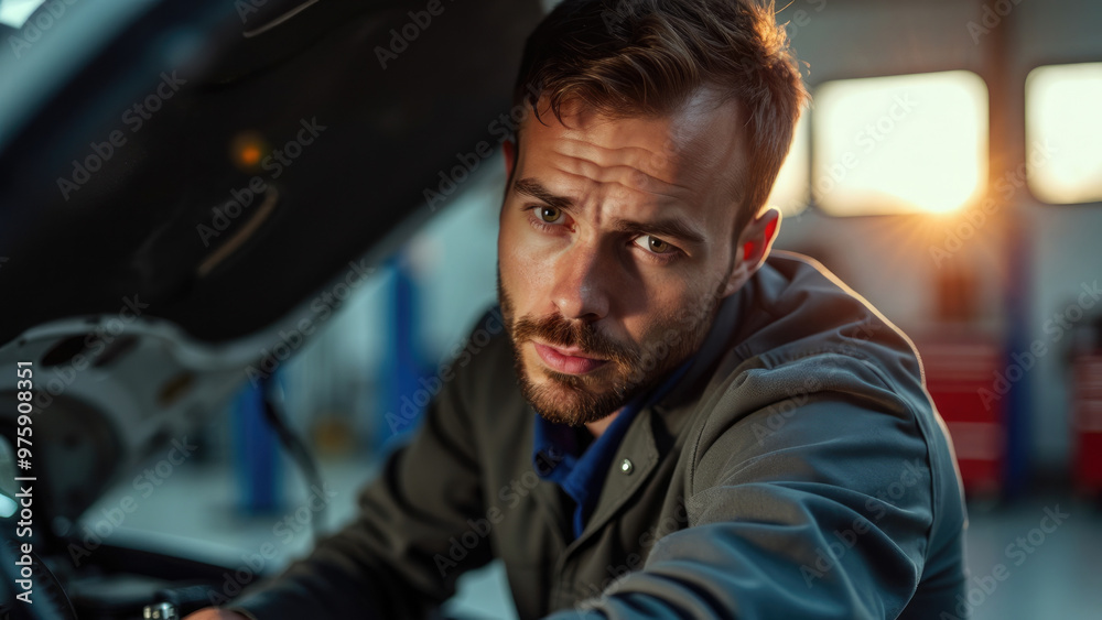 A man is working on a car in a garage, looking stressed as he deals with mechanical issues. The scene captures a moment of frustration during an auto repair at sunset. A man is working on a car in a garage, looking stressed as he deals with mechanical issues. The scene captures a moment of frustration during an auto repair at sunset.
