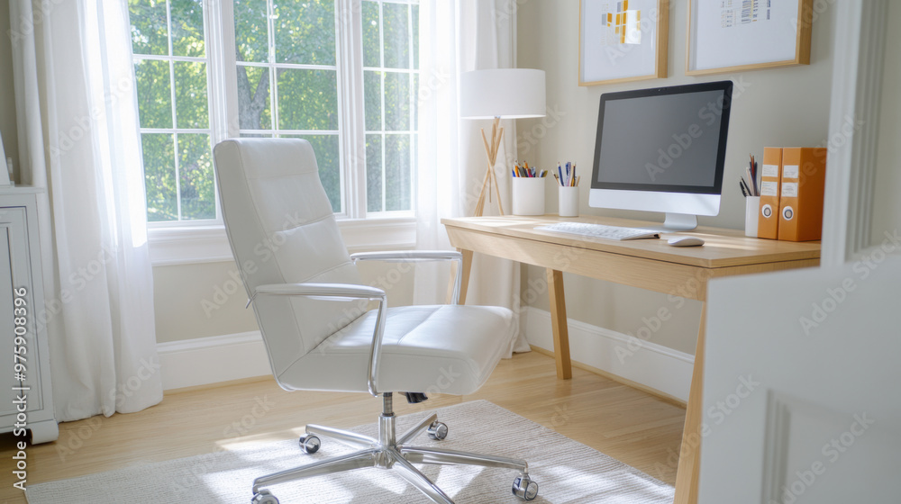 A white office chair sitting in front of a desk with computer monitor, AI A white office chair sitting in front of a desk with computer monitor, AI