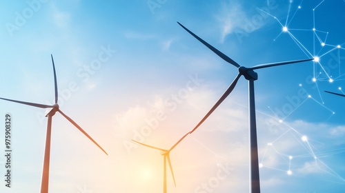 Vast Offshore Wind Farm with Illuminated Turbines - Harnessing Sustainable Energy in a Blue Sky Showcasing Technological Advancements for a Greener Future