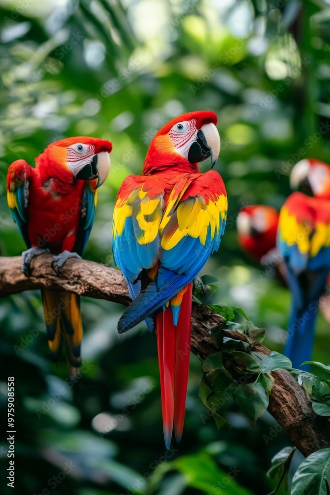 a flock of parrots, one red and one yellow, perched on a tree branch against a lush green backdrop in a tropical setting a flock of parrots, one red and one yellow, perched on a tree branch against a lush green backdrop in a tropical setting