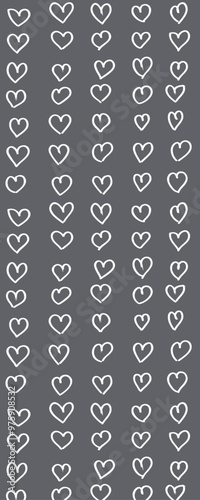 The image features a pattern of hand-drawn hearts arranged vertically against a dark background.