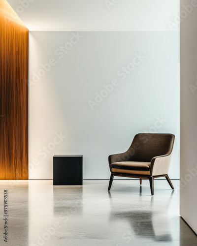 Modern interior featuring a stylish chair and minimalist table under warm lighting in a contemporary setting