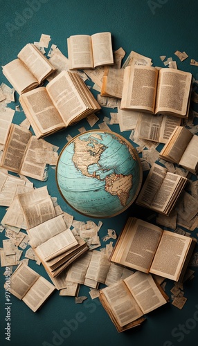 A globe surrounded by open books on a green table, representing global education, learning, and knowledge sharing. photo