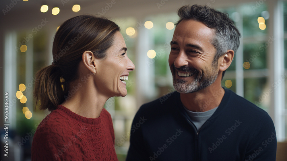happy couple laughing together in a warmly lit room. happy couple laughing together in a warmly lit room.