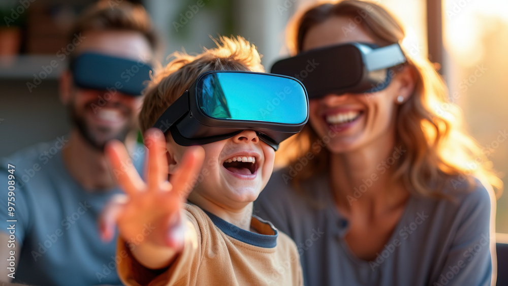 A family of three, including a young boy, wearing VR headsets and bonding over a shared virtual reality experience in their sunlit living room, capturing the essence of family and technology merging. A family of three, including a young boy, wearing VR headsets and bonding over a shared virtual reality experience in their sunlit living room, capturing the essence of family and technology merging.