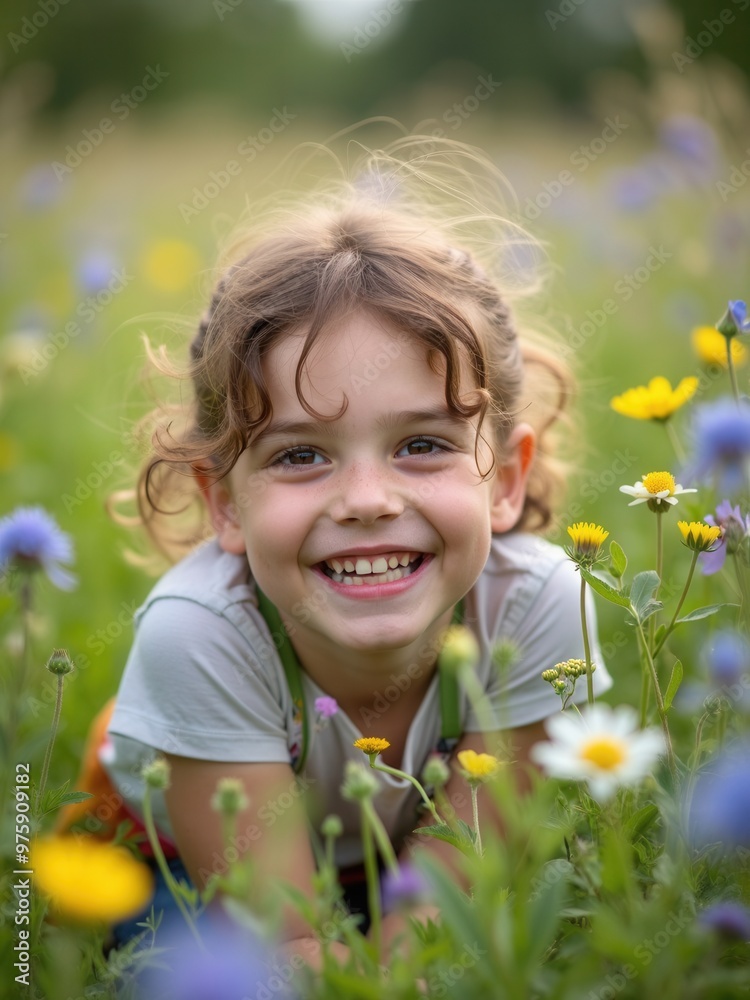 A young, joyful child leans forward with a beaming smile amidst a colorful flower field, encompassing the spirit of childhood, innocence, and natural wonder, surrounded by fresh blooms, spring enigma. A young, joyful child leans forward with a beaming smile amidst a colorful flower field, encompassing the spirit of childhood, innocence, and natural wonder, surrounded by fresh blooms, spring enigma.