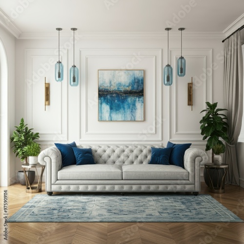 A mid-century modern living room, dark teal accent wall, large textured art canvas, teal velvet sectional sofa with colorful patterned throw pillows, wood floors, potted plant decor, industrial pendan