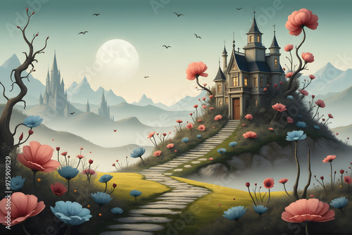 Enchanted Castle with Stone Path and Flowers in Dreamy Landscape