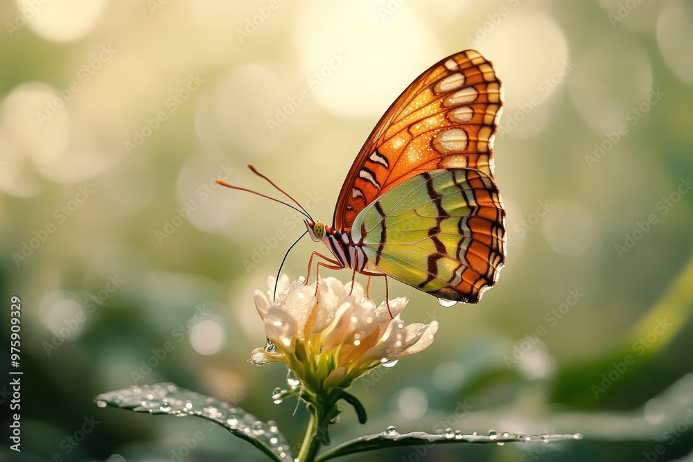 A delicate butterfly landing on a fresh flower, with dewdrops shimmering in the morning light, embodying a gentle thankfulness.