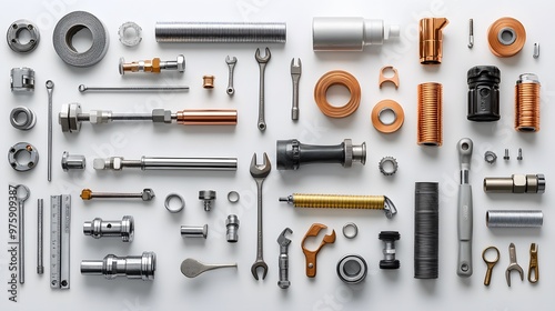 Plumbing tools and materials are neatly arranged on a white background, showcasing a well-organized layout of hoses, pipes, and fittings in a diverse industrial still-life style.