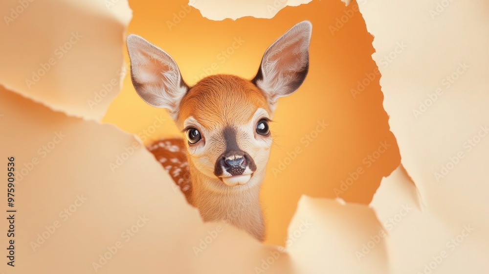Fototapeta premium A delicate baby deer with big, gentle eyes peeking through a torn light orange paper background, its soft fur gently illuminated.