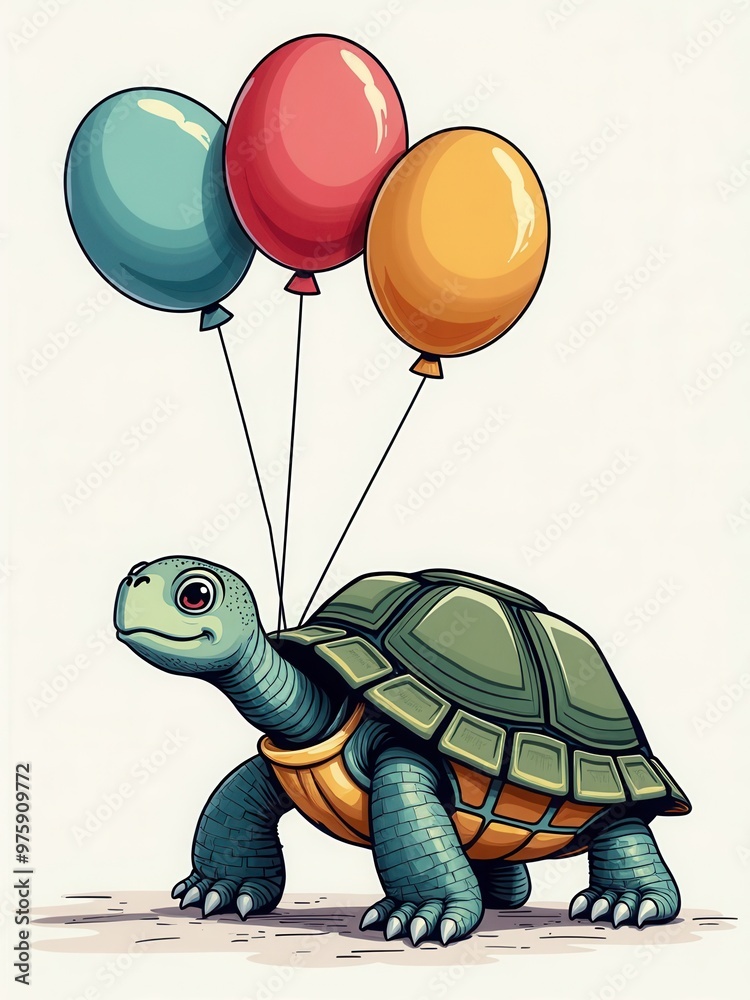 Obraz premium A vibrant digital illustration showcasing a green turtle being lifted by three colorful balloons: red, orange, and blue, bringing a sense of joy and adventure in a cartoon style.