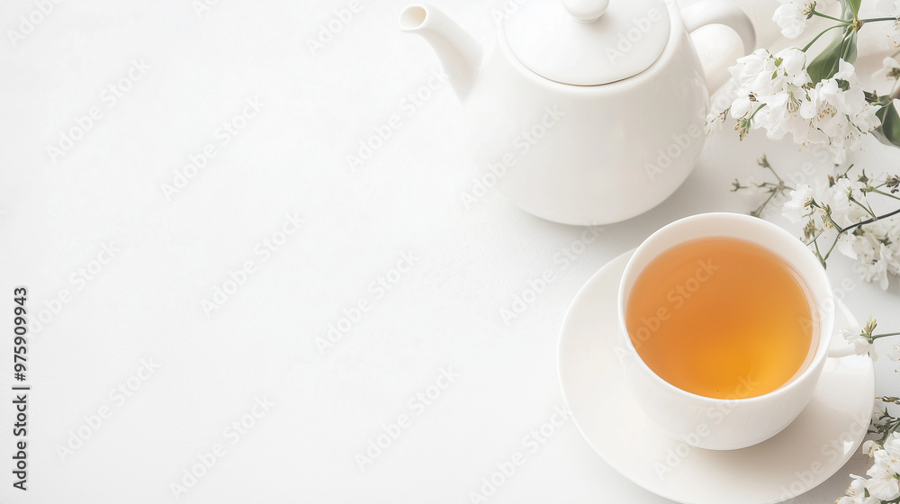 A refined tea party setup, featuring an assortment of teas, elegant tableware, and decorative touches, presented on a clean white background. photo A refined tea party setup, featuring an assortment of teas, elegant tableware, and decorative touches, presented on a clean white background. photo