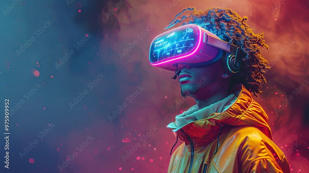Portrait of a young man in yellow jacket with green hair using pink purple virtual reality VR headset. Abstract man wears VR floating in the air sees infographic, interface. 3d render in pastel colors Portrait of a young man in yellow jacket with green hair using pink purple virtual reality VR headset. Abstract man wears VR floating in the air sees infographic, interface. 3d render in pastel colors