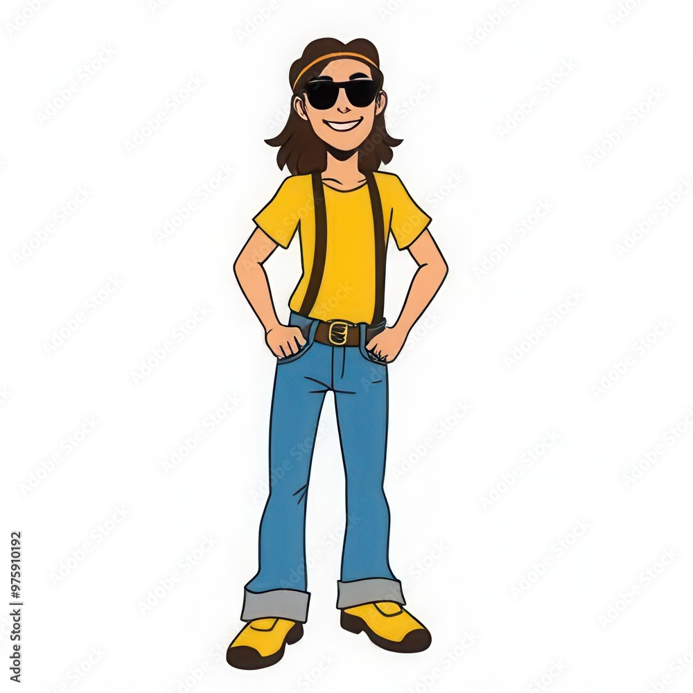 A vibrant cartoon character wearing a bright yellow shirt, sunglasses, and blue jeans stands confidently, exuding a playful and energetic vibe with a cheerful demeanor. A vibrant cartoon character wearing a bright yellow shirt, sunglasses, and blue jeans stands confidently, exuding a playful and energetic vibe with a cheerful demeanor.