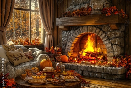 A cozy Thanksgiving scene with a roaring fireplace, warm blankets, and a table set with autumn foliage and harvest treats.