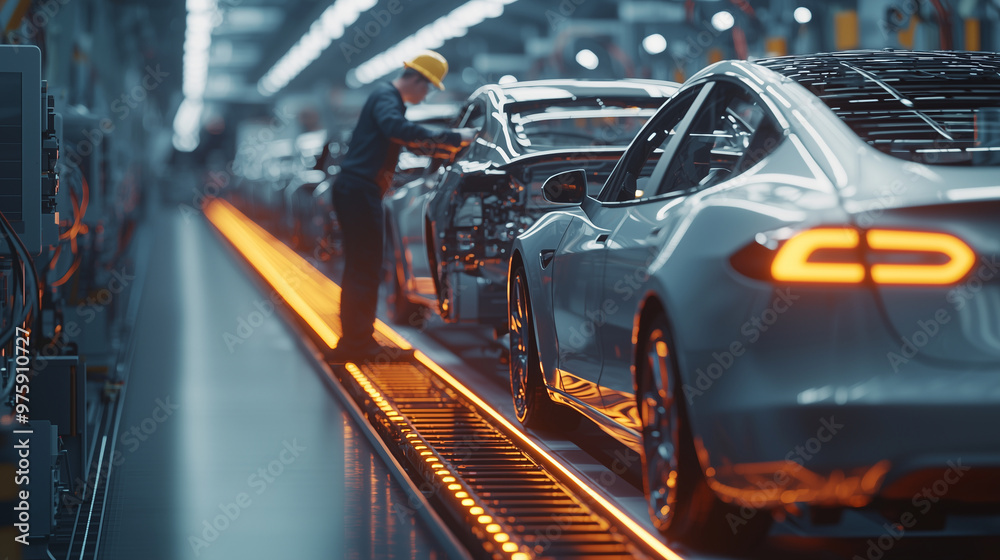 A worker at an automobile factory operating a robotic assembly line, overseeing the precision of automated machines as they build cars. photo A worker at an automobile factory operating a robotic assembly line, overseeing the precision of automated machines as they build cars. photo