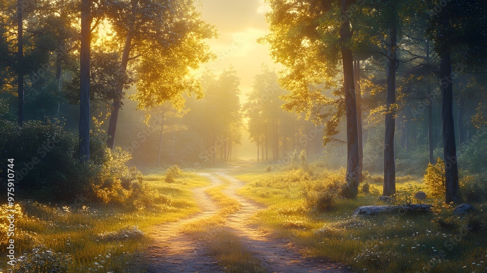 A sunlit forest crossroads reveals three diverging paths under bright dappled light, creating a serene and ethereal atmosphere in a misty morning scene. A sunlit forest crossroads reveals three diverging paths under bright dappled light, creating a serene and ethereal atmosphere in a misty morning scene.