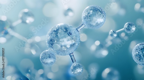 Translucent light blue water molecules are depicted in macro detail, showcasing crystal-clear spheres and floating bubbles in a soft-focus, scientific visualization.